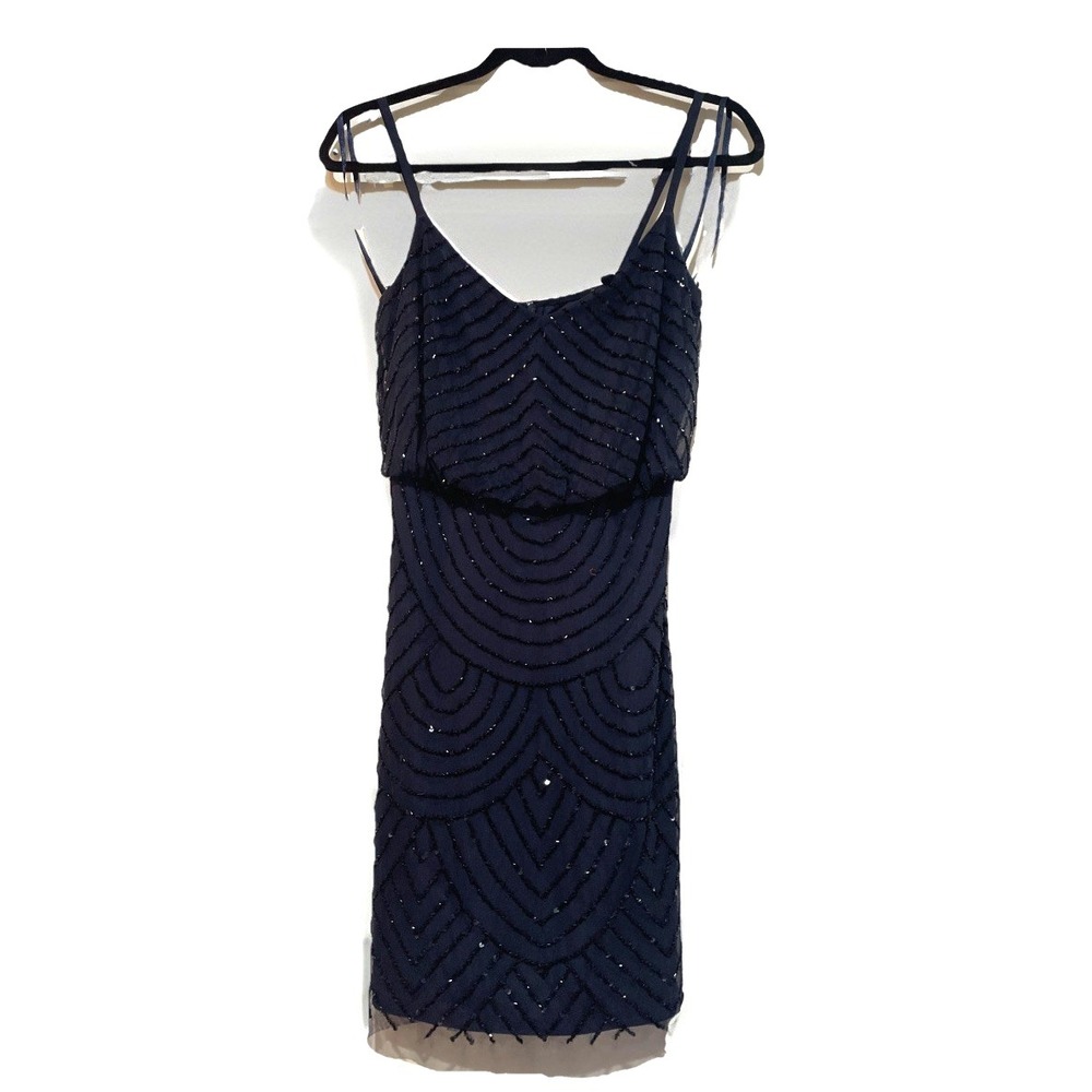 Adrianna Papell Navy Sequin Beaded Spaghetti Strap Mini Dress Size 2- cocktail